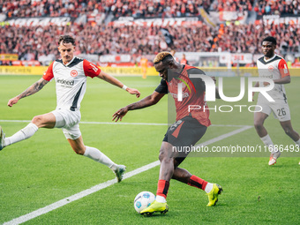 Victor Boniface of Bayer 04 Leverkusen is in action during the Bundesliga match between Bayer 04 Leverkusen and Eintracht Frankfurt at BayAr...