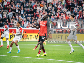 Victor Boniface of Bayer 04 Leverkusen reacts after missing a penalty during the Bundesliga match between Bayer 04 Leverkusen and Eintracht...