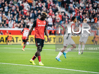 Victor Boniface of Bayer 04 Leverkusen reacts after missing a penalty during the Bundesliga match between Bayer 04 Leverkusen and Eintracht...