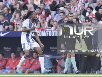 Yvan Neyou of Leganes celebrates a goal during the La Liga 2024/25 match between Atletico de Madrid and Leganes at Riyadh Air Metropolitano...