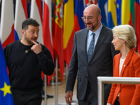 Ukraine's president Volodymyr Zelensky (L), European Council President Charles (C), and European Commission President Ursula von der Leyen (...