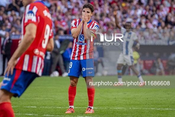 Julian Alvarez of Atletico de Madrid appears disappointed after missing a goal during the La Liga EA Sports 2024/25 football match between A...