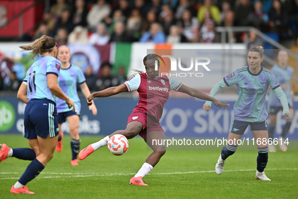 Viviane Assey (20 West Ham) shoots during the Barclays FA Women's Super League match between West Ham United and Arsenal at the Chigwell Con...