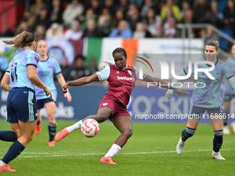 Viviane Assey (20 West Ham) shoots during the Barclays FA Women's Super League match between West Ham United and Arsenal at the Chigwell Con...