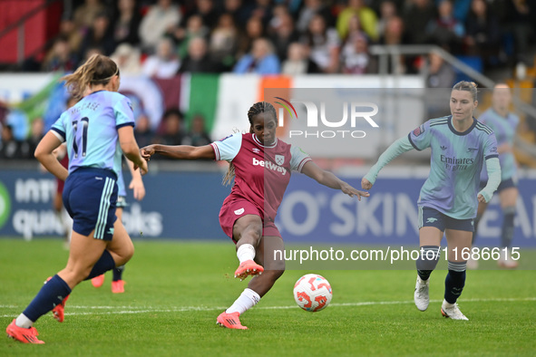 Viviane Assey (20 West Ham) shoots during the Barclays FA Women's Super League match between West Ham United and Arsenal at the Chigwell Con...