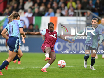 Viviane Assey (20 West Ham) shoots during the Barclays FA Women's Super League match between West Ham United and Arsenal at the Chigwell Con...