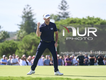 Julien Guerrier of France celebrates a par putt on the 18th green, leading to a play-off, during day four of the Estrella Damm N.A. Andaluci...