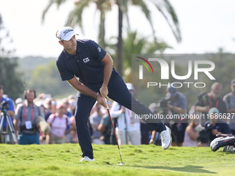 Julien Guerrier of France reacts on the 18th green on the fourth day of the Estrella Damm N.A. Andalucia Masters 2024 at Real Club de Golf S...