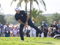 Julien Guerrier of France reacts on the 18th green on the fourth day of the Estrella Damm N.A. Andalucia Masters 2024 at Real Club de Golf S...