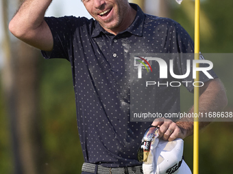 Julien Guerrier of France celebrates victory on the 18th green, on the ninth play-off hole, during day four of the Estrella Damm N.A. Andalu...