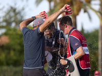 Julien Guerrier of France celebrates victory on the 18th green, on the ninth play-off hole, during day four of the Estrella Damm N.A. Andalu...