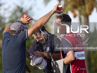 Julien Guerrier of France celebrates victory on the 18th green, on the ninth play-off hole, during day four of the Estrella Damm N.A. Andalu...