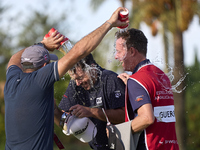 Julien Guerrier of France celebrates victory on the 18th green, on the ninth play-off hole, during day four of the Estrella Damm N.A. Andalu...