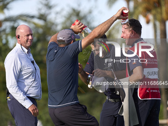 Julien Guerrier of France celebrates victory on the 18th green, on the ninth play-off hole, during day four of the Estrella Damm N.A. Andalu...