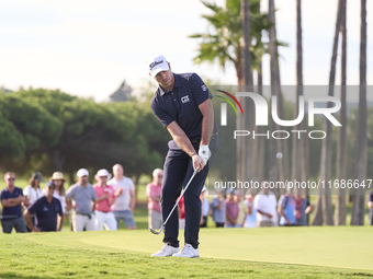 Julien Guerrier of France plays a shot on the 18th green during the play-off on day four of the Estrella Damm N.A. Andalucia Masters 2024 at...