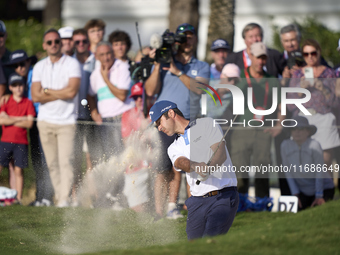 Jorge Campillo of Spain plays his shot out of a bunker on the 18th hole during the play-off on day four of the Estrella Damm N.A. Andalucia...