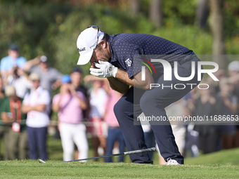 Julien Guerrier of France reacts on the 18th green during the play-off on day four of the Estrella Damm N.A. Andalucia Masters 2024 at Real...