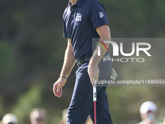 Julien Guerrier of France reacts on the 18th green during the play-off on day four of the Estrella Damm N.A. Andalucia Masters 2024 at Real...