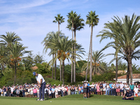 Jorge Campillo of Spain plays a shot on the 18th green during the play-off on day four of the Estrella Damm N.A. Andalucia Masters 2024 at R...