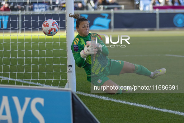 Sabrina D'Angelo #1 (GK) of Aston Villa W.F.C. makes a save during the Barclays FA Women's Super League match between Manchester City and As...