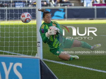 Sabrina D'Angelo #1 (GK) of Aston Villa W.F.C. makes a save during the Barclays FA Women's Super League match between Manchester City and As...