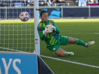 Sabrina D'Angelo #1 (GK) of Aston Villa W.F.C. makes a save during the Barclays FA Women's Super League match between Manchester City and As...