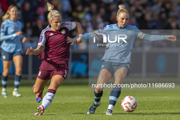 Alex Greenwood, number 5 of Manchester City W.F.C., is in possession of the ball during the Barclays FA Women's Super League match between M...