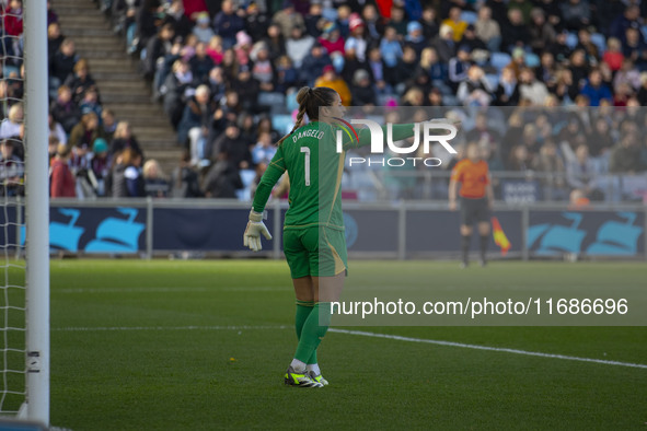 Sabrina D'Angelo #1 (GK) of Aston Villa W.F.C gestures during the Barclays FA Women's Super League match between Manchester City and Aston V...