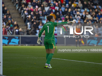 Sabrina D'Angelo #1 (GK) of Aston Villa W.F.C gestures during the Barclays FA Women's Super League match between Manchester City and Aston V...