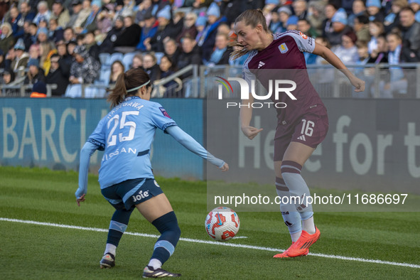 Noelle Maritz #16 of Aston Villa W.F.C is challenged by Yui Hasegawa #25 of Manchester City W.F.C. during the Barclays FA Women's Super Leag...