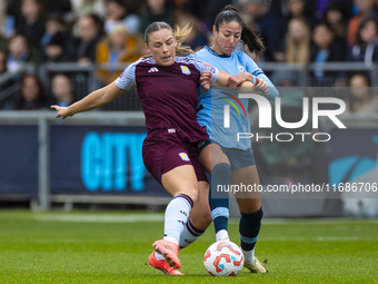 Leila Ouahabi #15 of Manchester City W.F.C. challenges the opponent during the Barclays FA Women's Super League match between Manchester Cit...