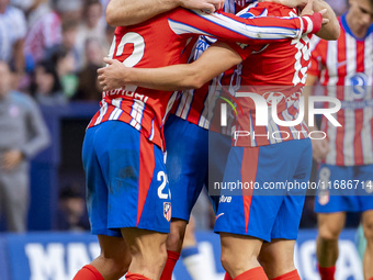 Alexander Sorloth of Atletico de Madrid (C) celebrates his goal with Julian Alvarez (R) and Giuliano Simeone (L) during the La Liga EA Sport...