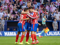 Alexander Sorloth of Atletico de Madrid (C) celebrates his goal with Julian Alvarez (R) and Giuliano Simeone (L) during the La Liga EA Sport...