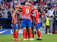 Alexander Sorloth of Atletico de Madrid (C) celebrates his goal with his teammates during the La Liga EA Sports 2024/25 football match betwe...