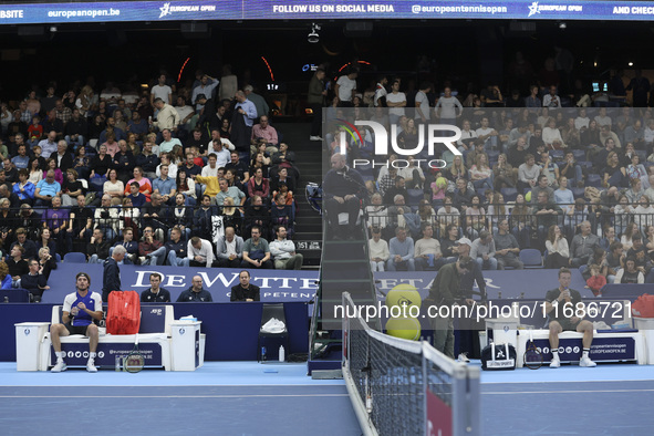 Jiri Lehecka of the Czech Republic and Stefanos Tsitsipas of Greece resting at the quarter final game, a tennis match of the singles competi...