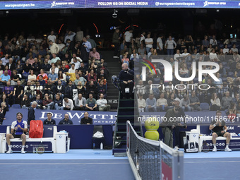 Jiri Lehecka of the Czech Republic and Stefanos Tsitsipas of Greece resting at the quarter final game, a tennis match of the singles competi...