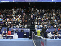 Jiri Lehecka of the Czech Republic and Stefanos Tsitsipas of Greece resting at the quarter final game, a tennis match of the singles competi...