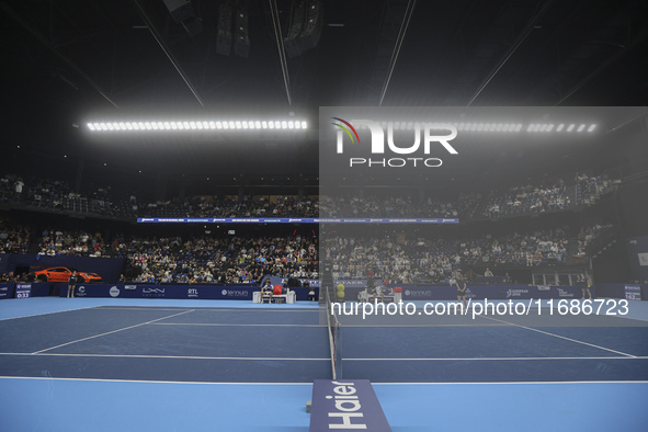 Jiri Lehecka of the Czech Republic and Stefanos Tsitsipas of Greece resting at the quarter final game, a tennis match of the singles competi...