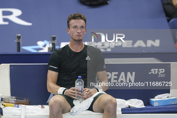 Jiri Lehecka of the Czech Republic in action during the quarter final victory game against Stefanos Tsitsipas of Greece, a tennis match of t...