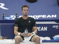 Jiri Lehecka of the Czech Republic in action during the quarter final victory game against Stefanos Tsitsipas of Greece, a tennis match of t...