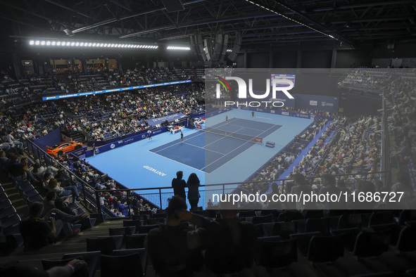 Panoramic view of the court and the audience during the game of Jiri Lehecka of the Czech Republic against Stefanos Tsitsipas of Greece at t...