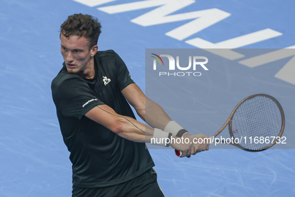 Jiri Lehecka of the Czech Republic in action during the quarter final victory game against Stefanos Tsitsipas of Greece, a tennis match of t...