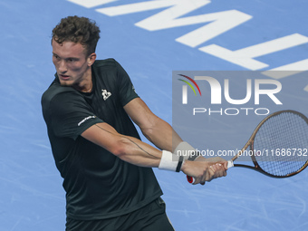 Jiri Lehecka of the Czech Republic in action during the quarter final victory game against Stefanos Tsitsipas of Greece, a tennis match of t...