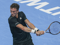 Jiri Lehecka of the Czech Republic in action during the quarter final victory game against Stefanos Tsitsipas of Greece, a tennis match of t...