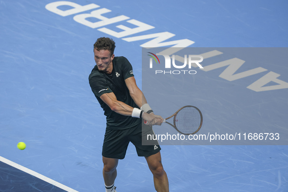 Jiri Lehecka of the Czech Republic in action during the quarter final victory game against Stefanos Tsitsipas of Greece, a tennis match of t...