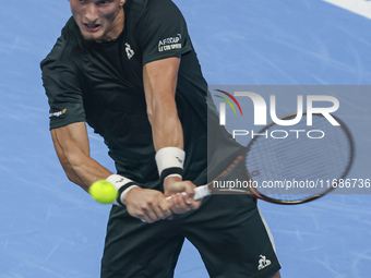 Jiri Lehecka of the Czech Republic in action during the quarter final victory game against Stefanos Tsitsipas of Greece, a tennis match of t...