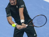 Jiri Lehecka of the Czech Republic in action during the quarter final victory game against Stefanos Tsitsipas of Greece, a tennis match of t...