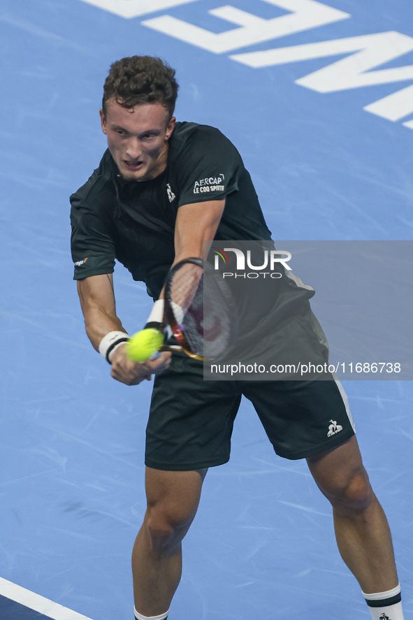 Jiri Lehecka of the Czech Republic in action during the quarter final victory game against Stefanos Tsitsipas of Greece, a tennis match of t...