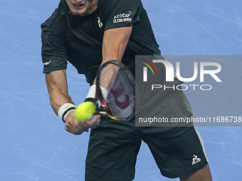 Jiri Lehecka of the Czech Republic in action during the quarter final victory game against Stefanos Tsitsipas of Greece, a tennis match of t...