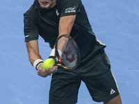 Jiri Lehecka of the Czech Republic in action during the quarter final victory game against Stefanos Tsitsipas of Greece, a tennis match of t...